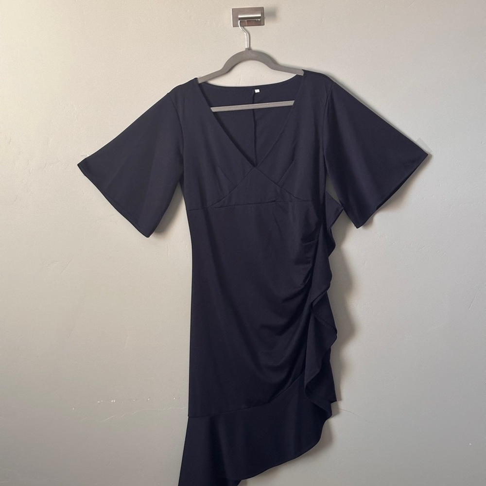 Chic Asymmetrical Black Dress with Ruffle Detail